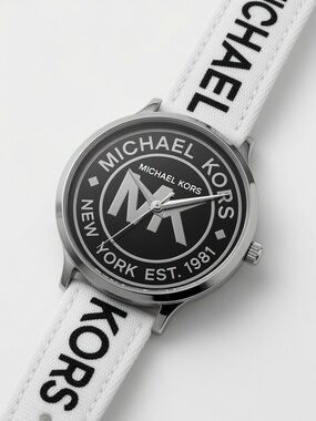 Michael Kors Black White & Silver MK Logo Watch (Battery Works)